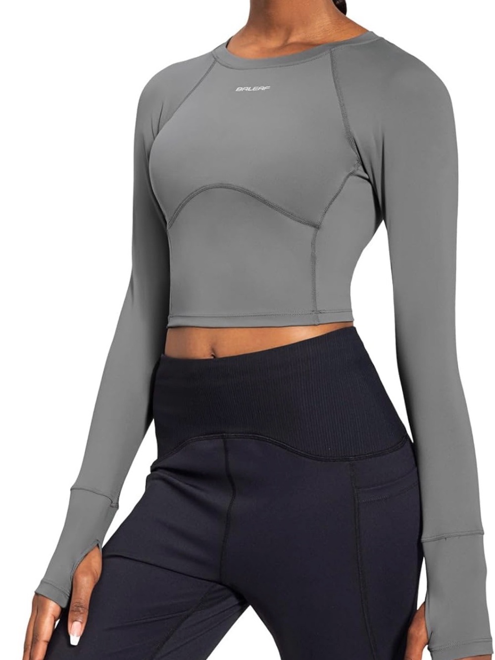 BALEAF | Women’s Gray Long Sleeve Cropped Athletic Top - Picture 5 of 6